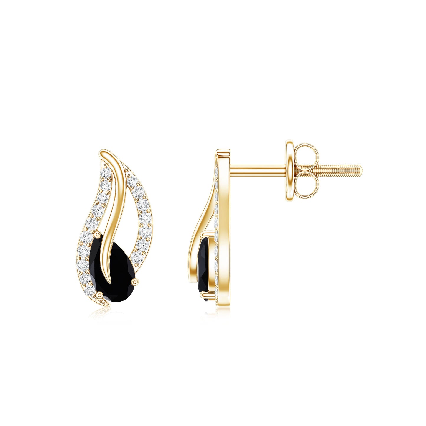 Pear Shape Black Spinel and Diamond Leaf Stud Earrings