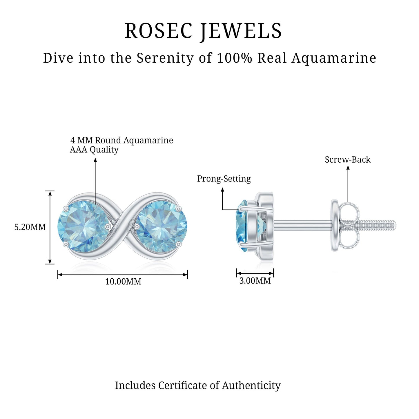 Real Aquamarine Infinity Stud Earrings