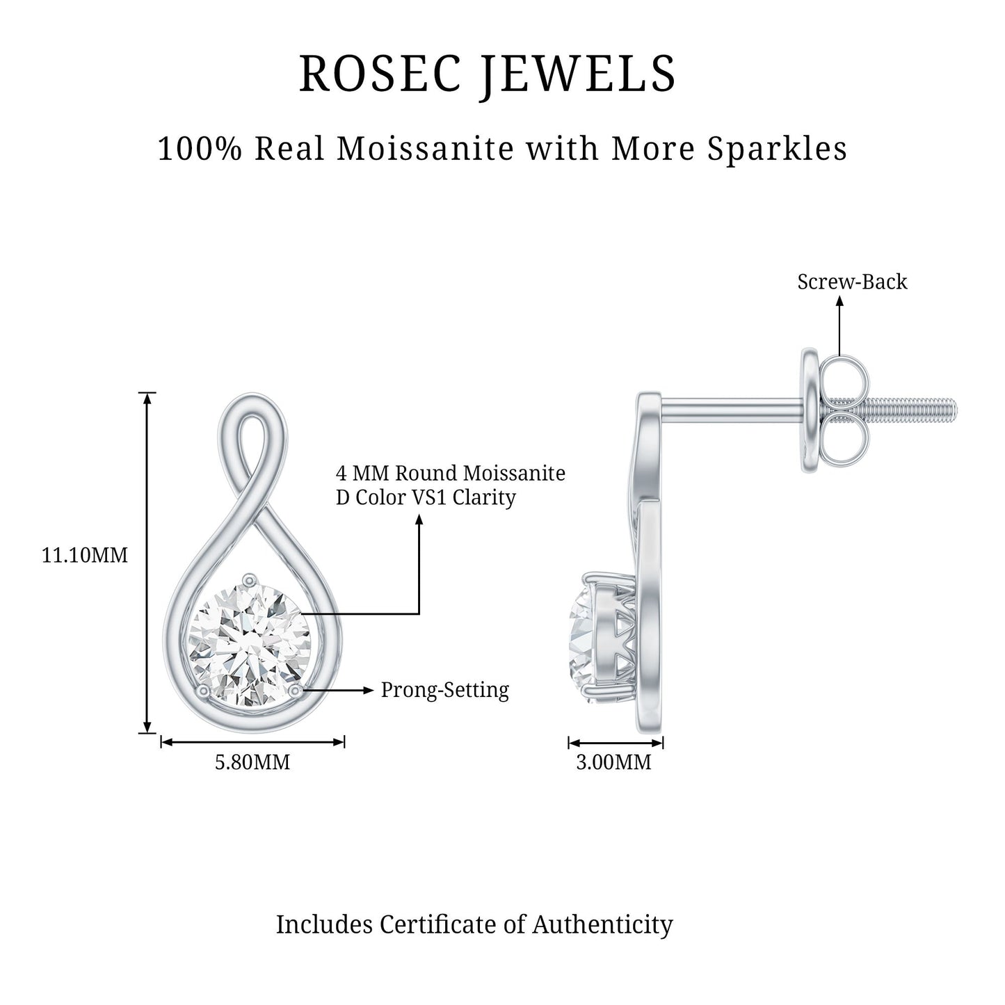 0.6 CT Round Cut Moissanite Infinity Stud Earrings