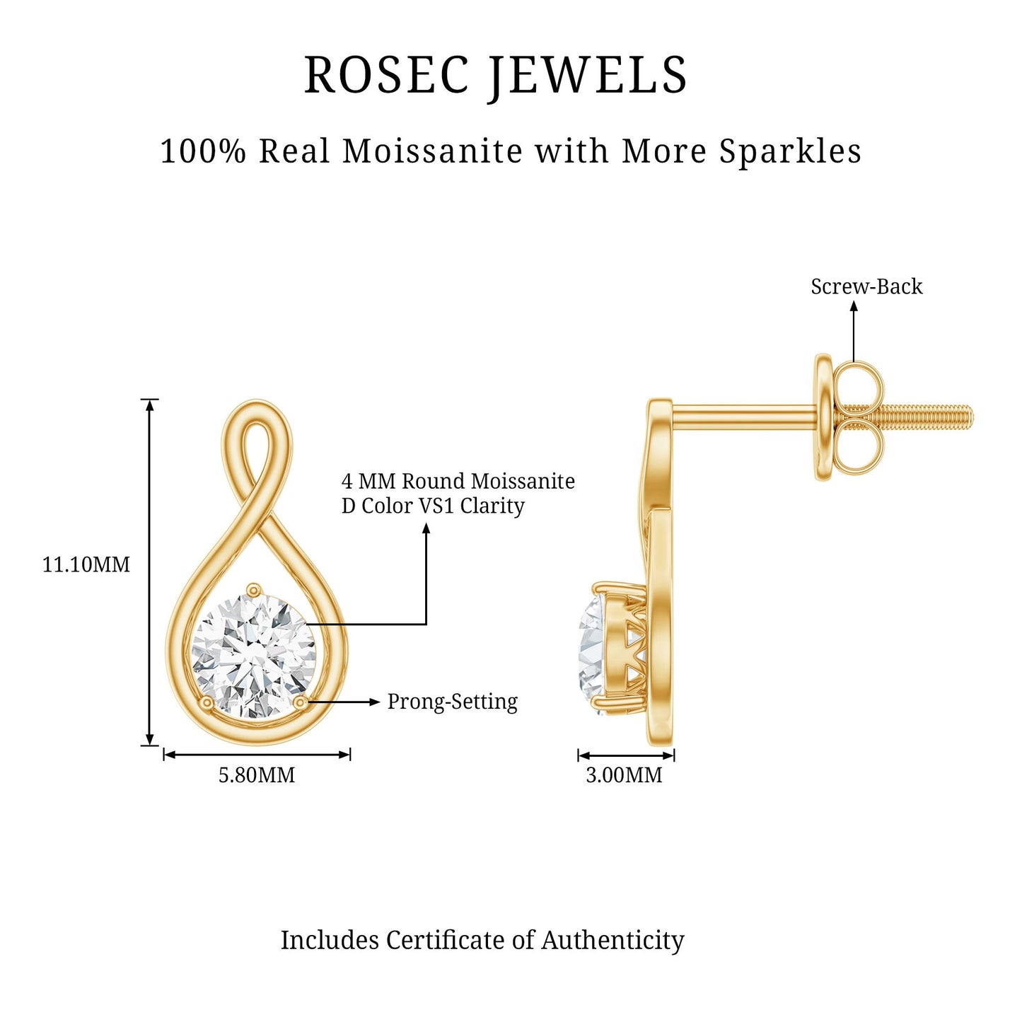0.6 CT Round Cut Moissanite Infinity Stud Earrings
