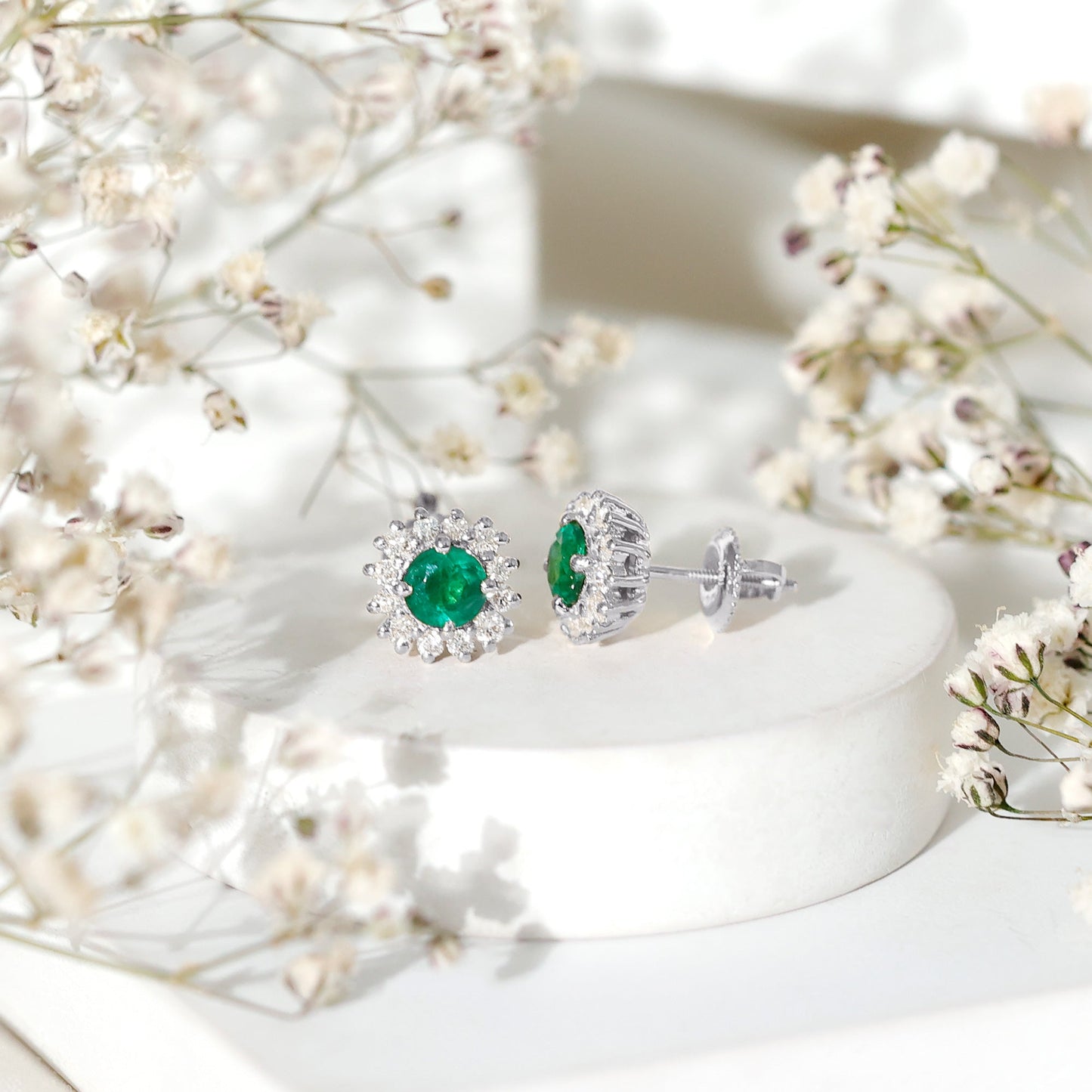 Classic Emerald Stud Earrings with Diamond Halo