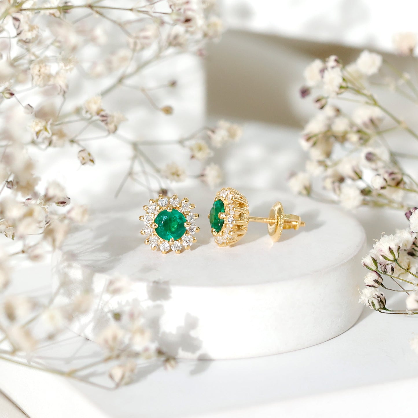 Classic Emerald Stud Earrings with Diamond Halo