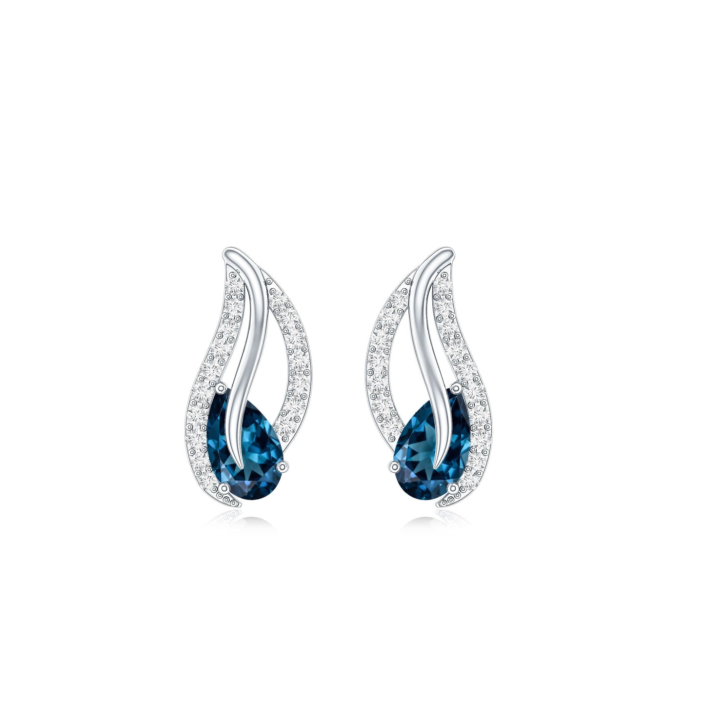 Pear Shape London Blue Topaz and Diamond Leaf Stud Earrings