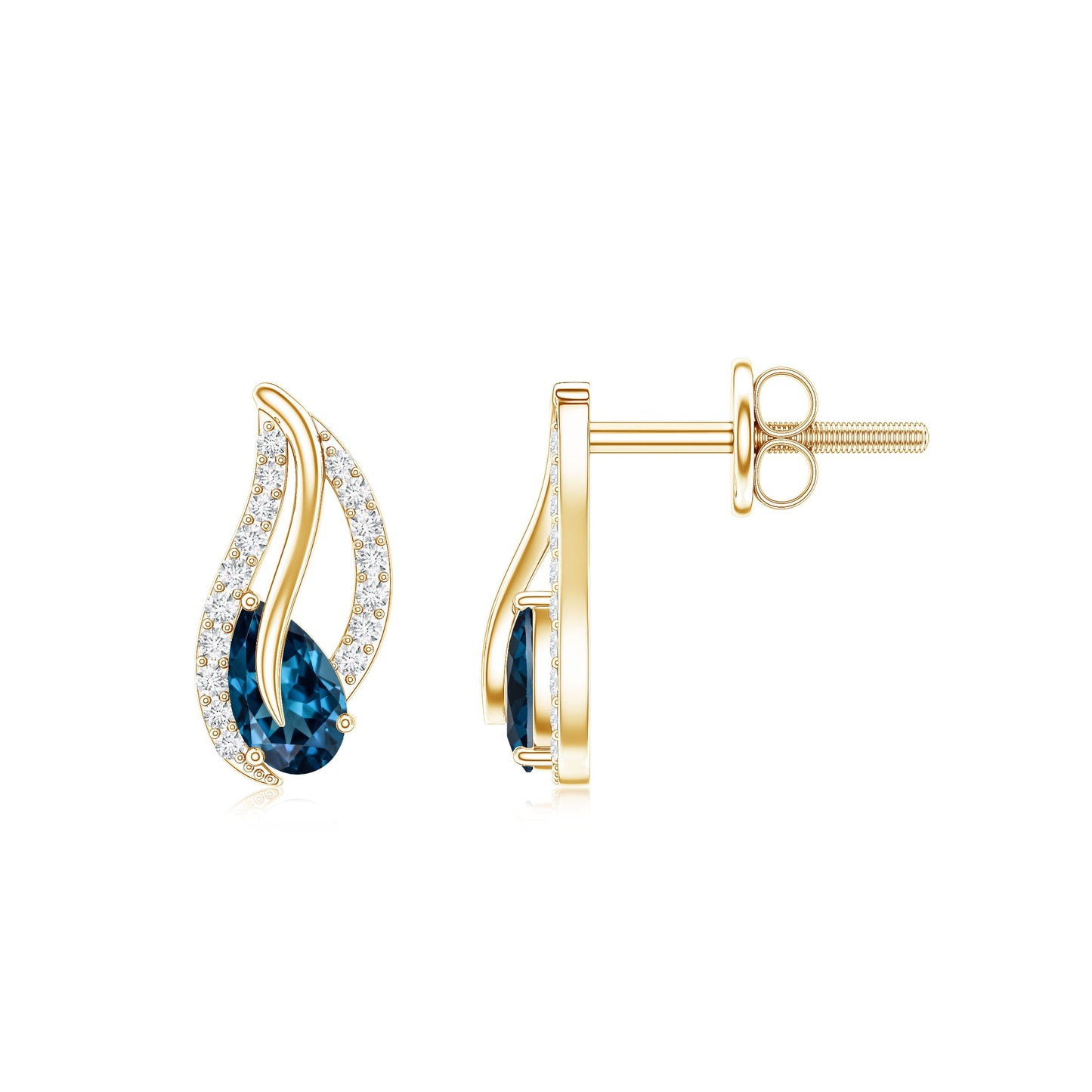 Pear Shape London Blue Topaz and Diamond Leaf Stud Earrings