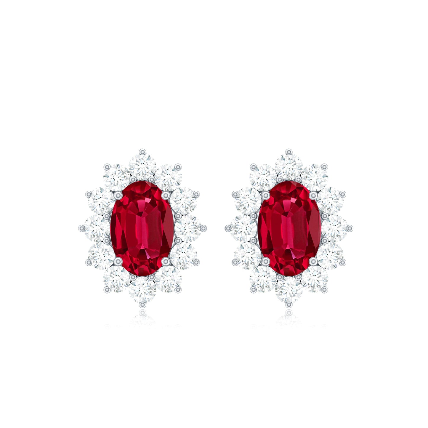 Oval Shape Lab Created Ruby and Diamond Halo Stud Earrings