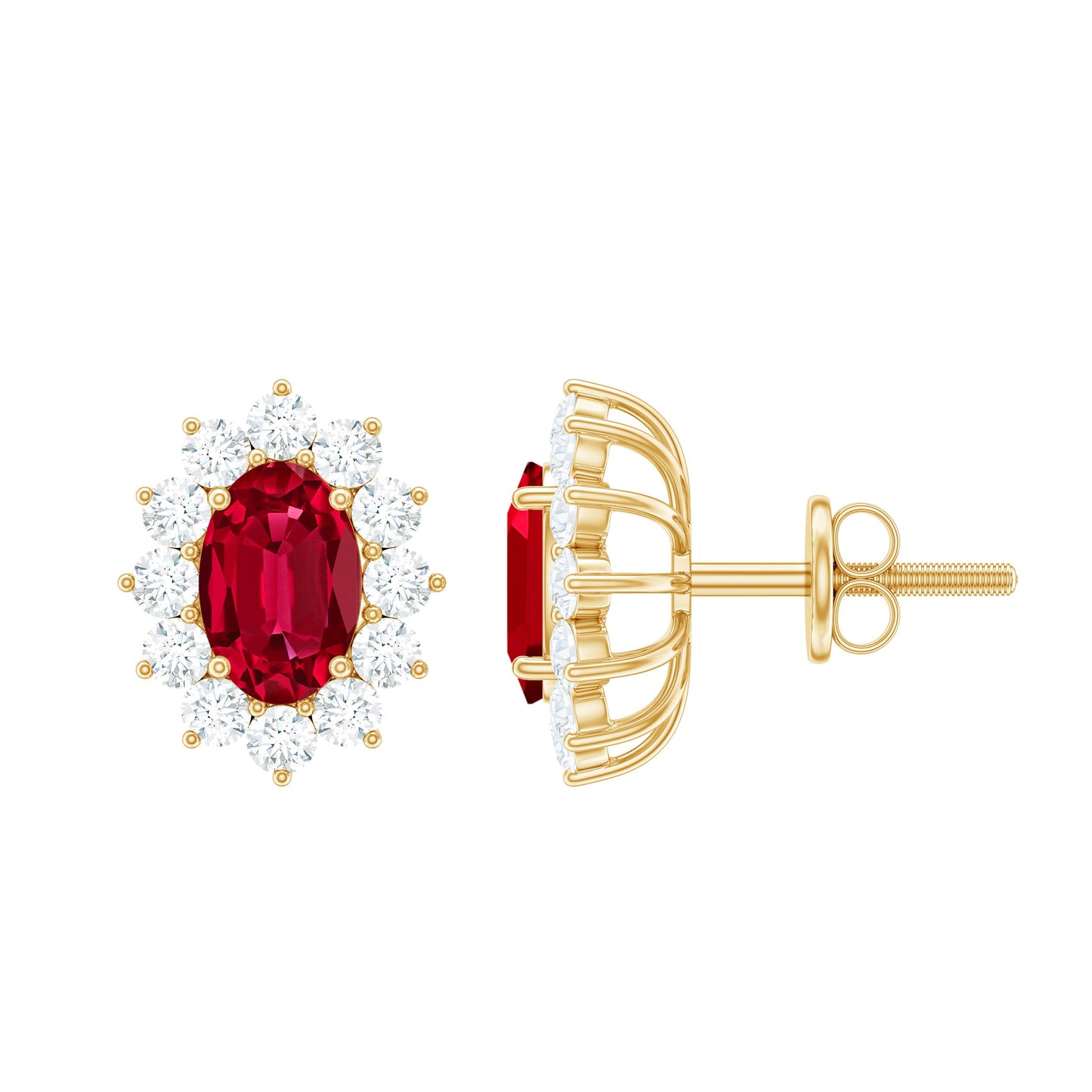 Oval Shape Lab Created Ruby and Diamond Halo Stud Earrings