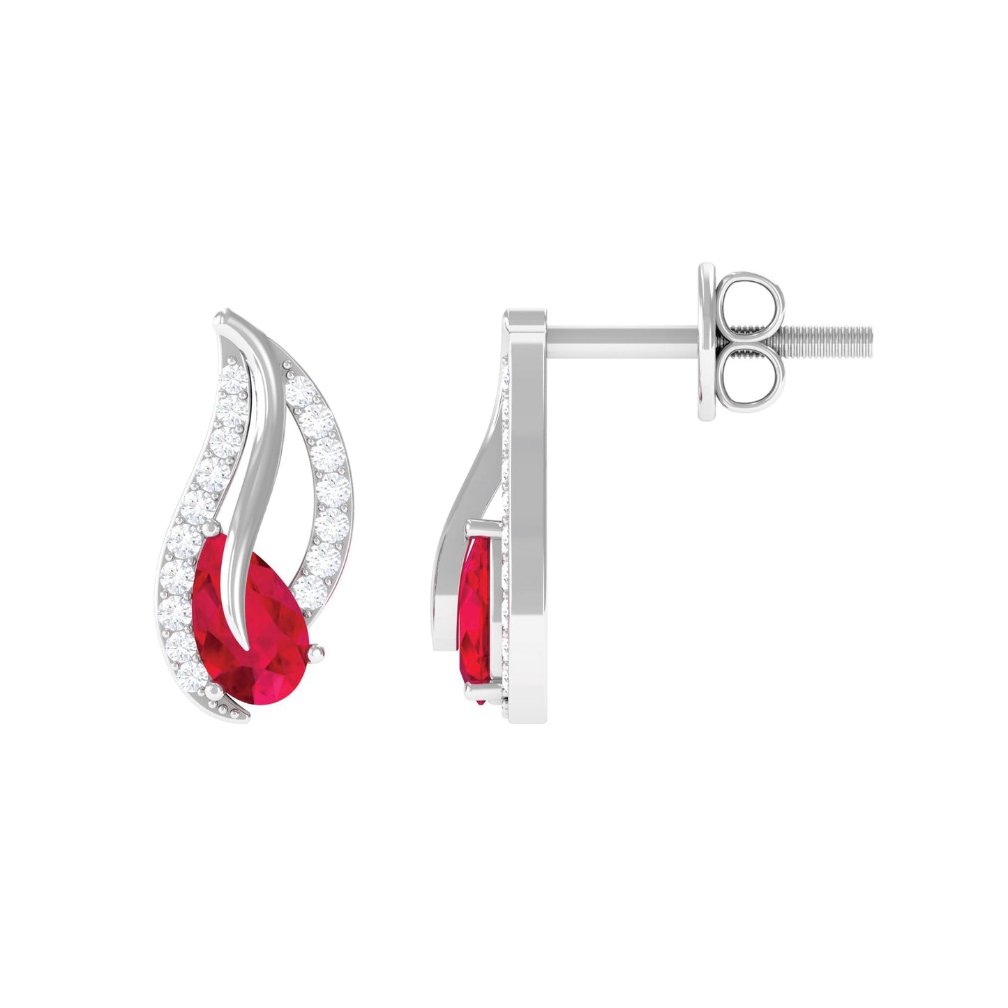 Pear Shape Lab Created Ruby and Diamond Leaf Stud Earrings