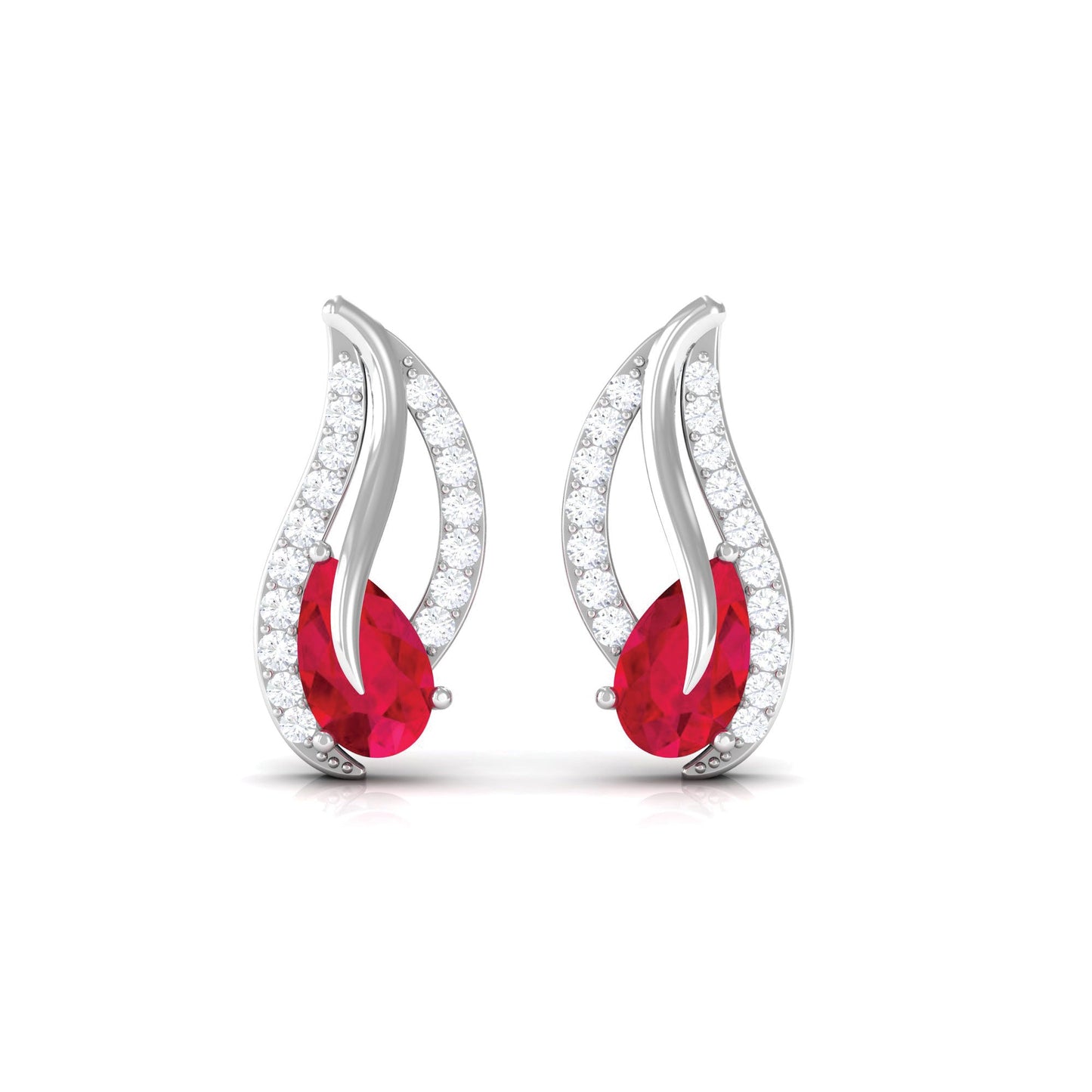Pear Shape Lab Created Ruby and Diamond Leaf Stud Earrings