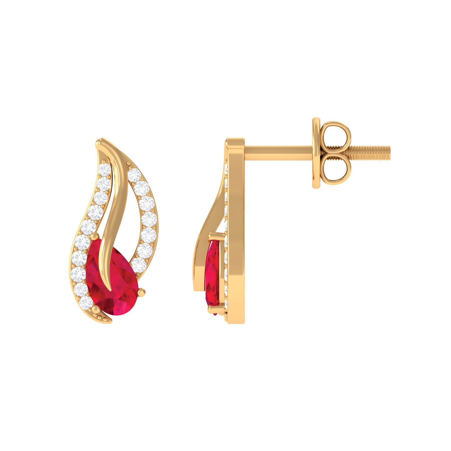 Pear Shape Lab Created Ruby and Diamond Leaf Stud Earrings