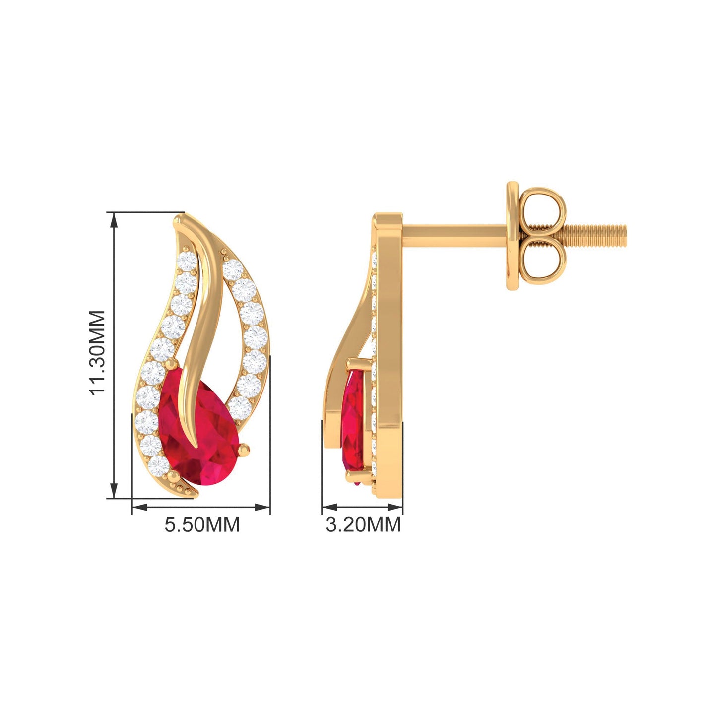 Pear Shape Lab Created Ruby and Diamond Leaf Stud Earrings