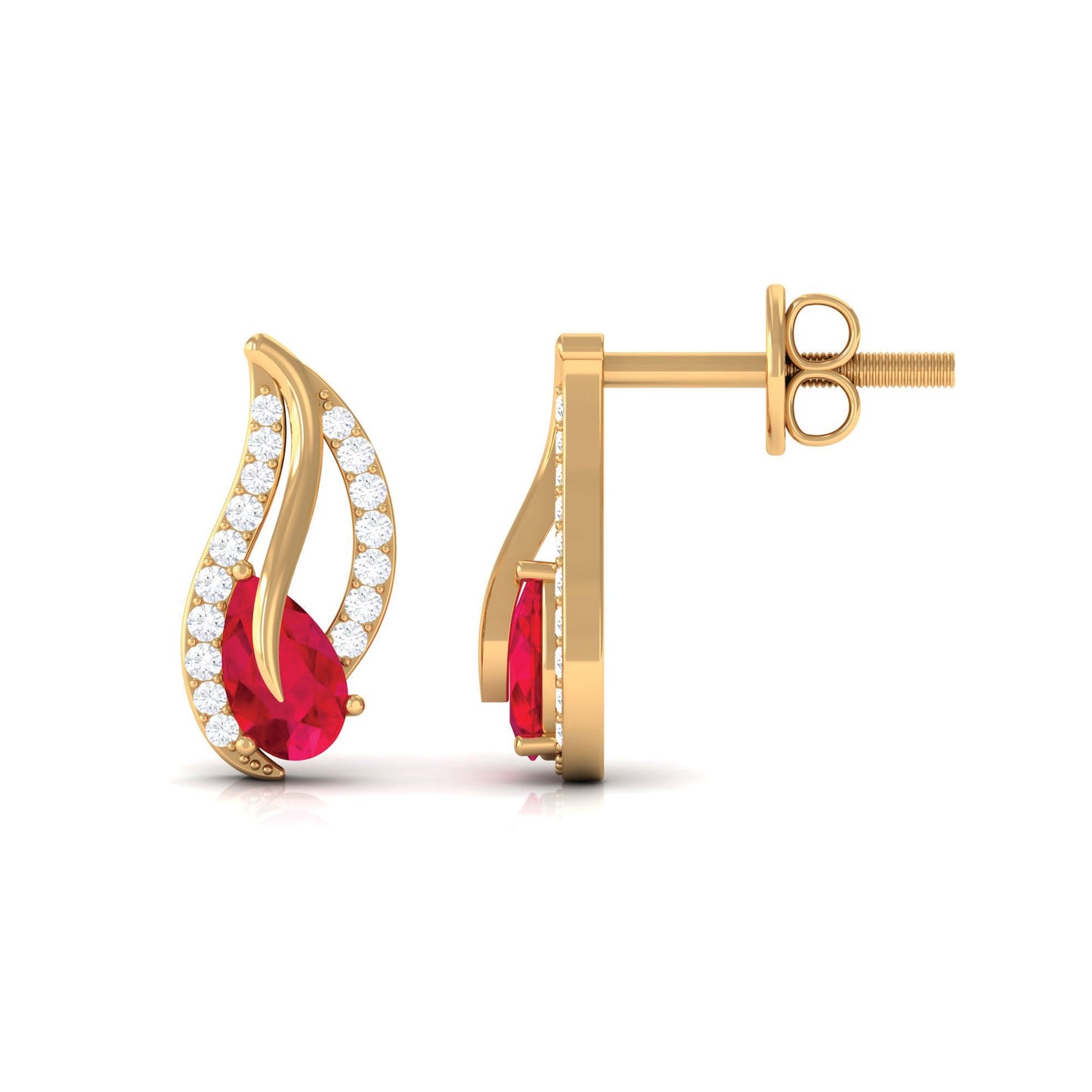 Pear Shape Lab Created Ruby and Diamond Leaf Stud Earrings