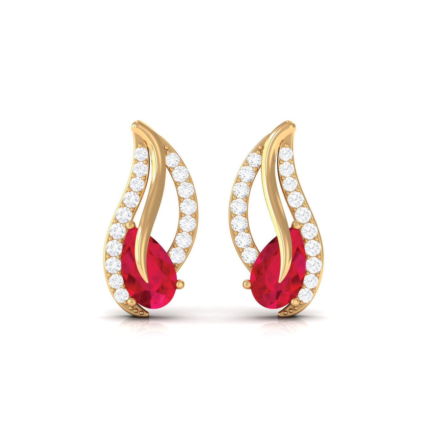 Pear Shape Lab Created Ruby and Diamond Leaf Stud Earrings