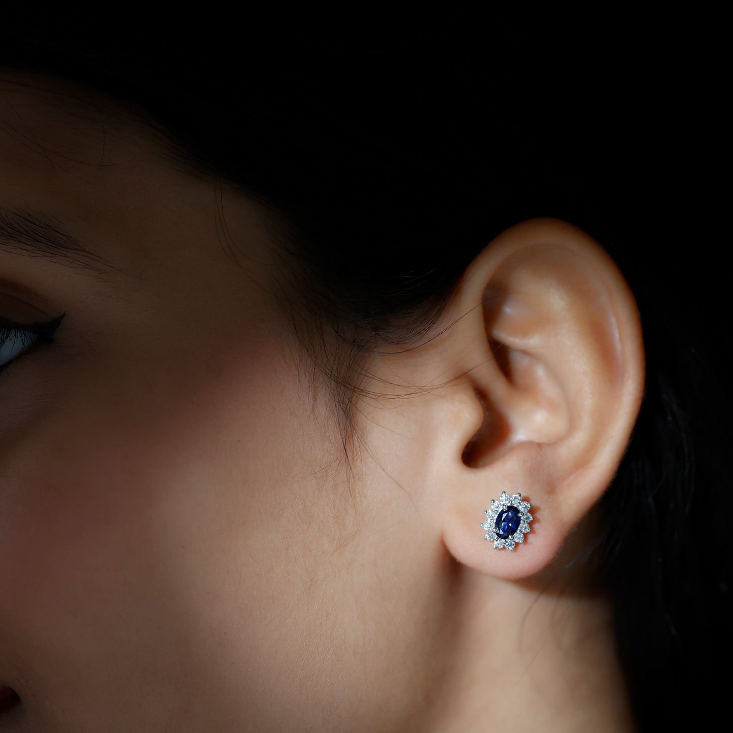Oval Shaped Lab Grown Blue Sapphire and Diamond Halo Stud Earrings