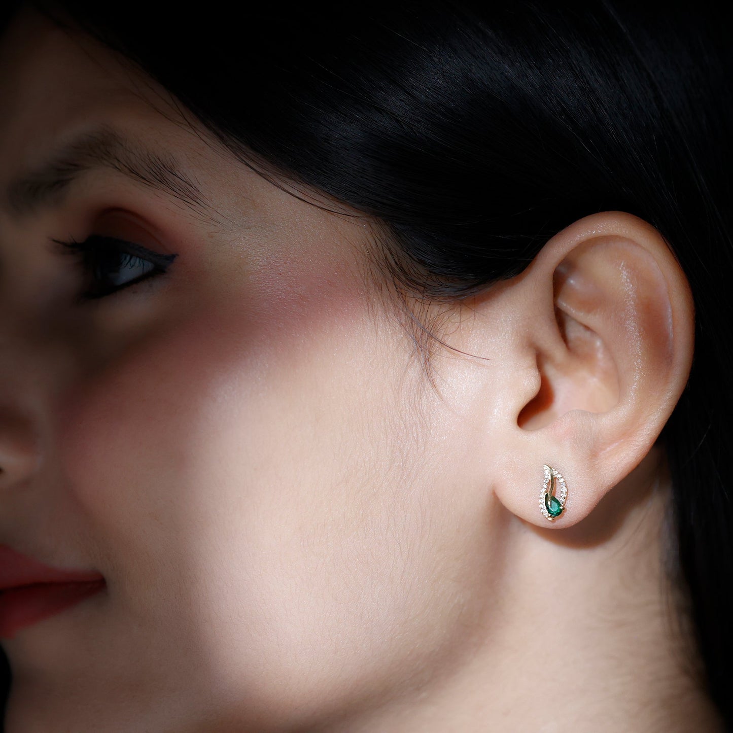 Lab Created Emerald and Diamond Leaf Stud Earrings