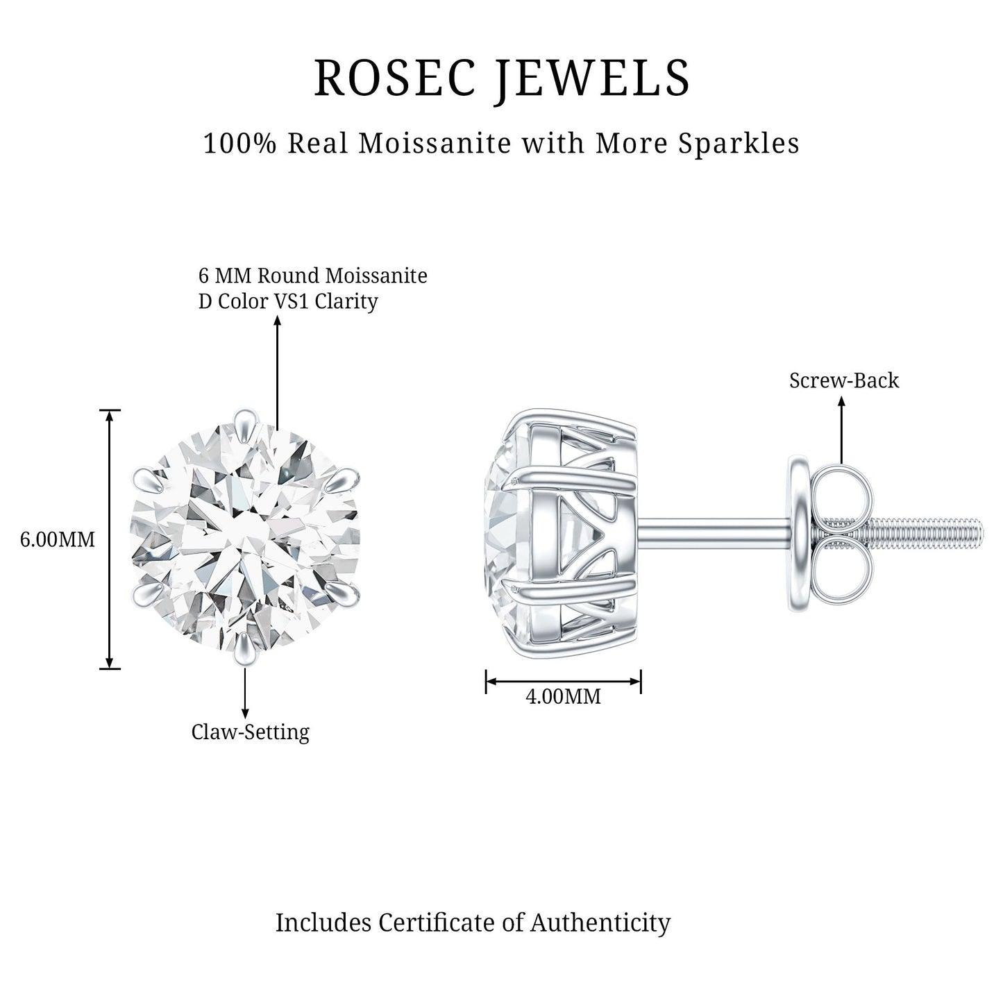 Claw Set Moissanite Solitaire Stud Earrings with Screw Backs