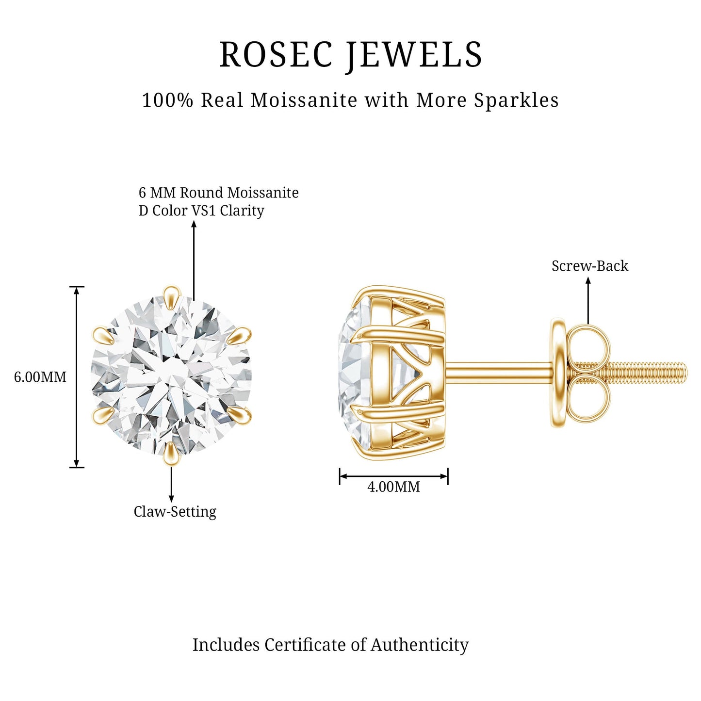 Claw Set Moissanite Solitaire Stud Earrings with Screw Backs
