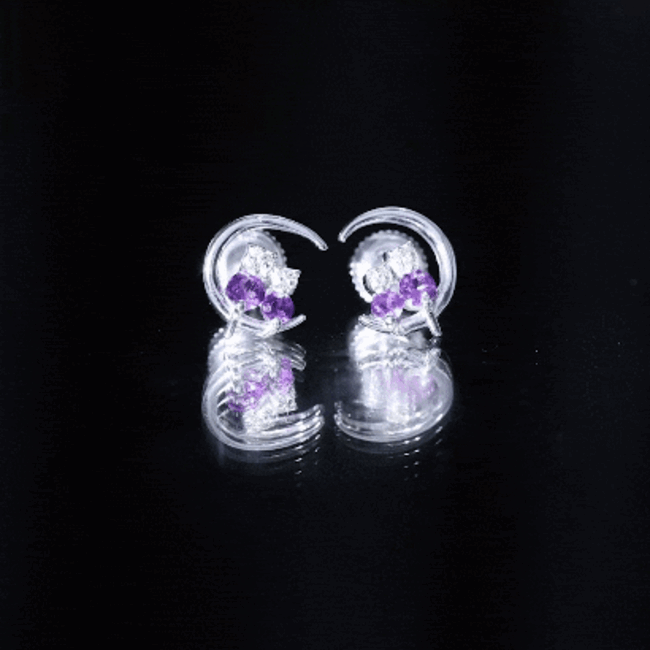 Natural Amethyst and Diamond Cat on Moon Stud Earrings