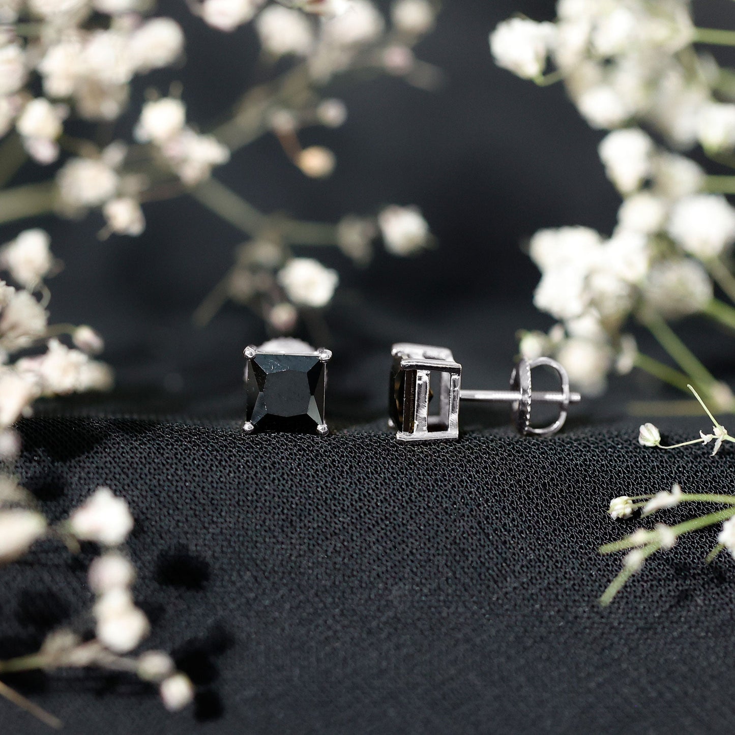 Princess Cut Lab Grown Black Diamond Solitaire Stud Earrings