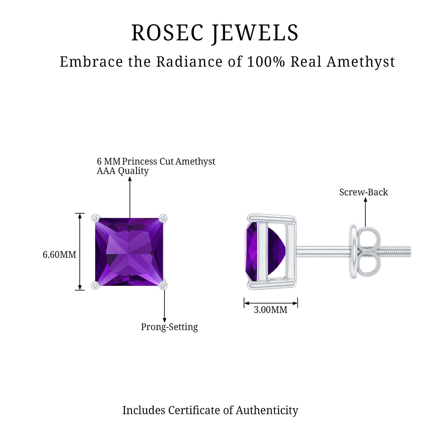 Natural Amethyst Princess Cut Earrings with Screw Back