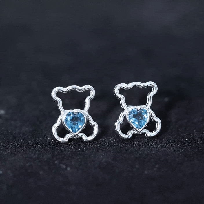 1/2 CT Heart Shape London Blue Topaz Teddy Bear Earrings