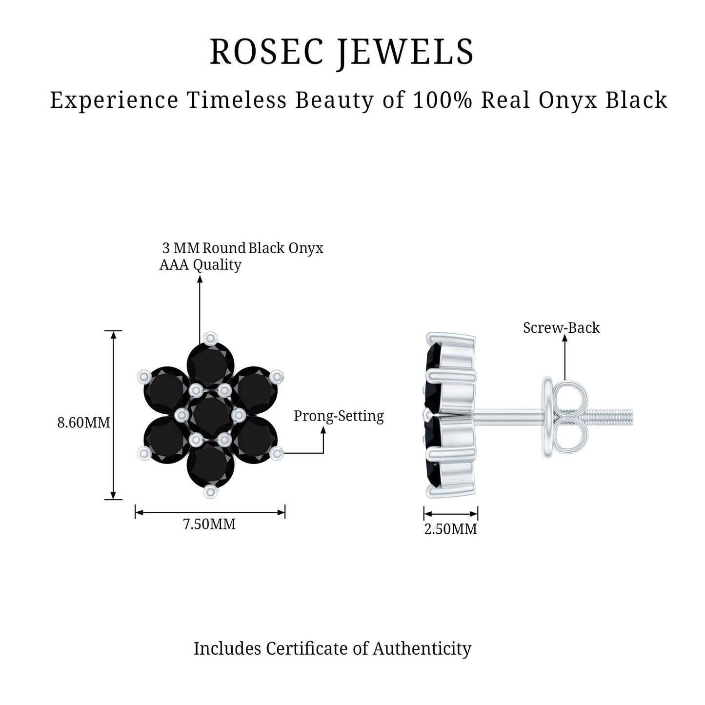 Genuine Black Onyx Flower Cluster Stud Earrings