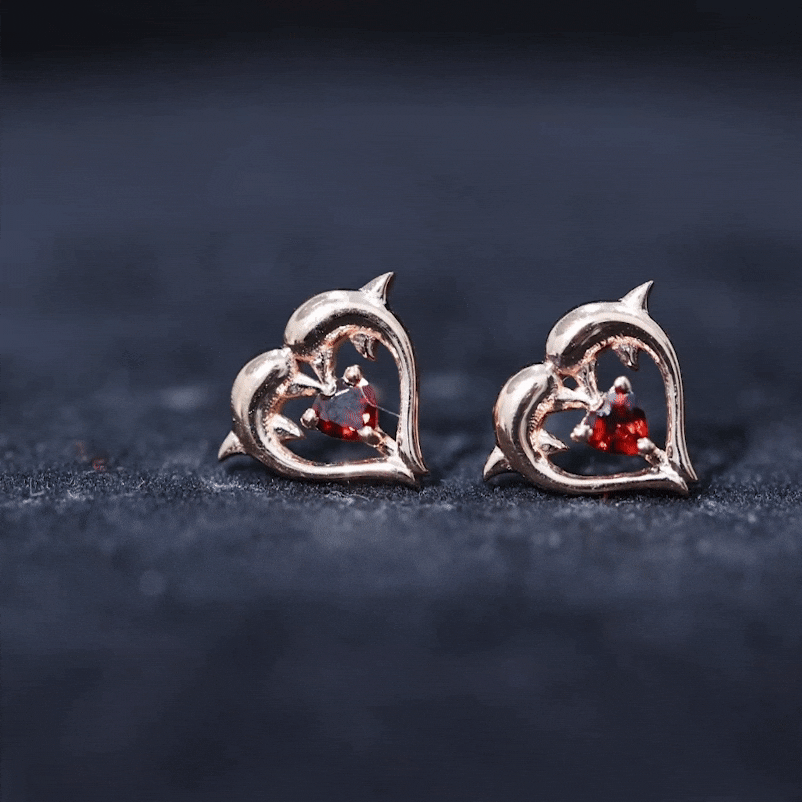 Heart Shape Garnet Kissing Dolphin Stud Earrings