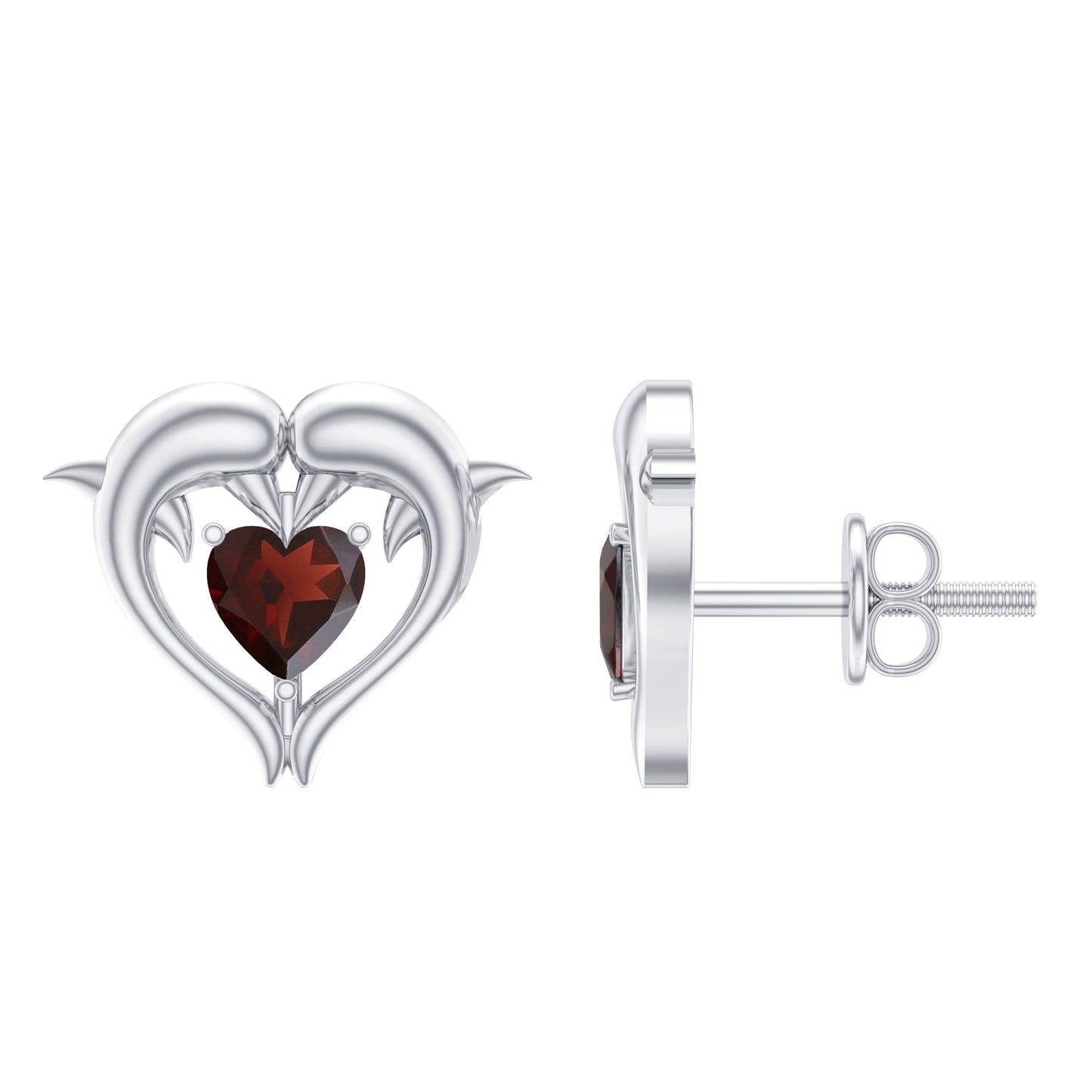 Heart Shape Garnet Kissing Dolphin Stud Earrings