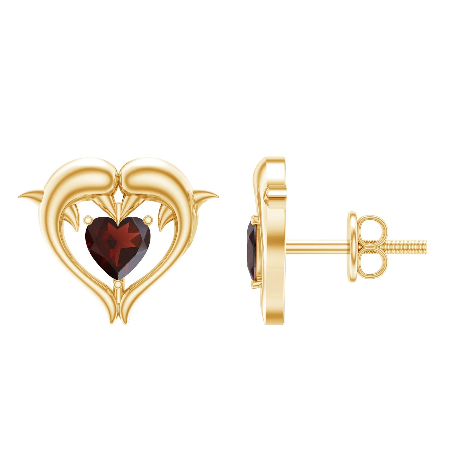 Heart Shape Garnet Kissing Dolphin Stud Earrings