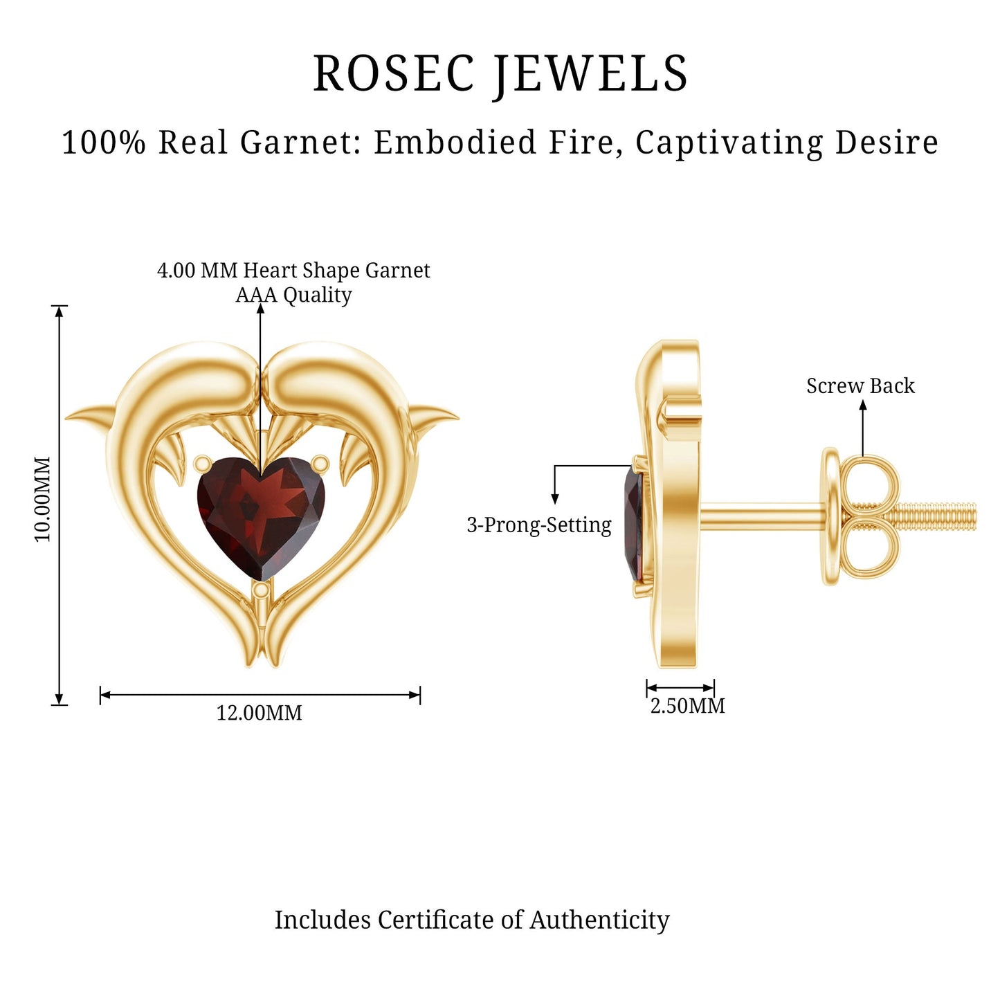 Heart Shape Garnet Kissing Dolphin Stud Earrings