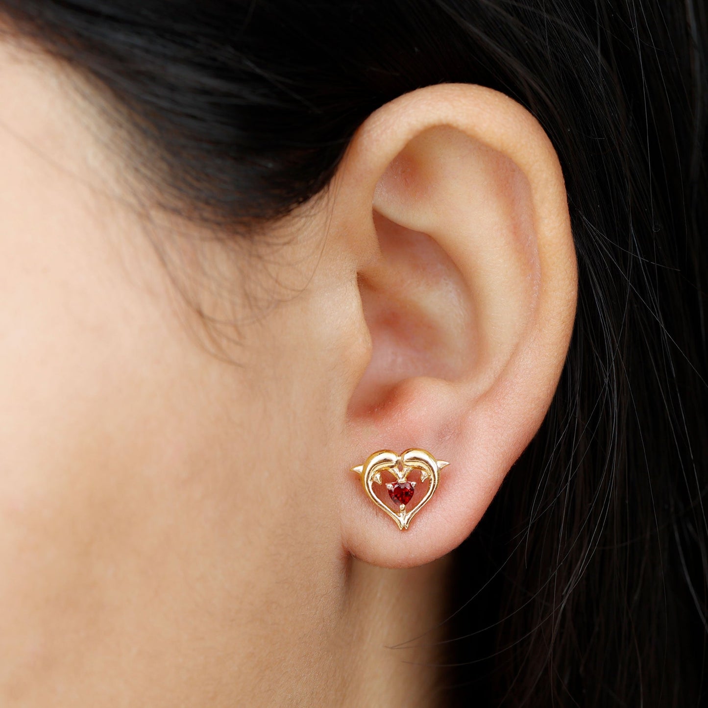 Heart Shape Garnet Kissing Dolphin Stud Earrings