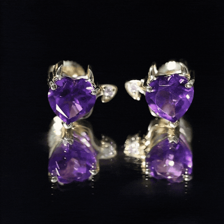 Heart Shape Amethyst and Diamond Gothic Stud Earrings