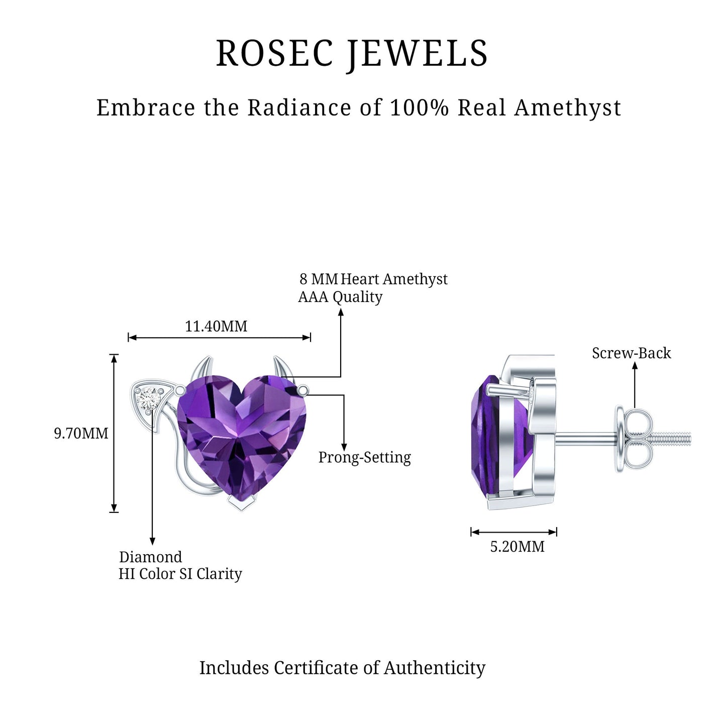 Heart Shape Amethyst and Diamond Gothic Stud Earrings