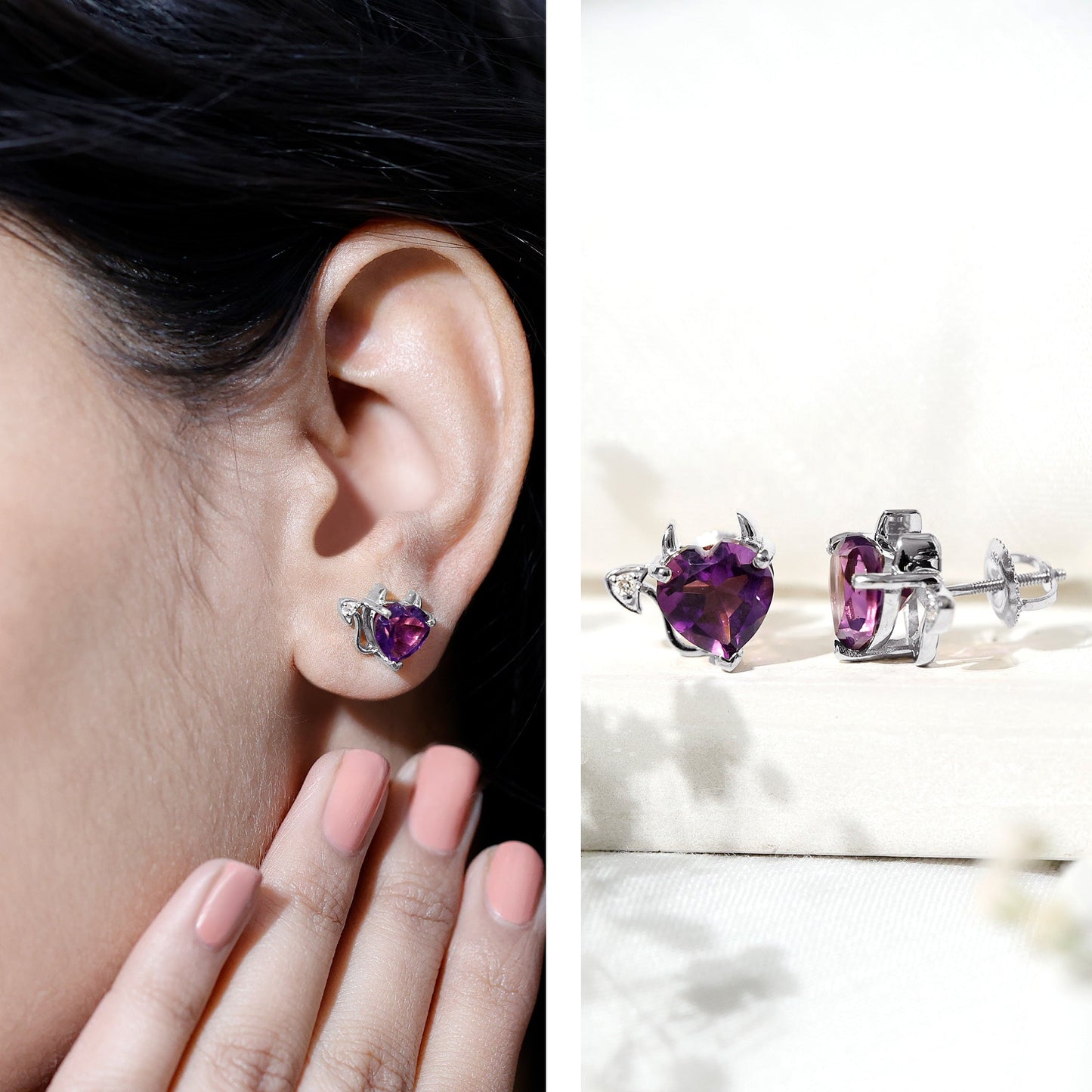 Heart Shape Amethyst and Diamond Gothic Stud Earrings
