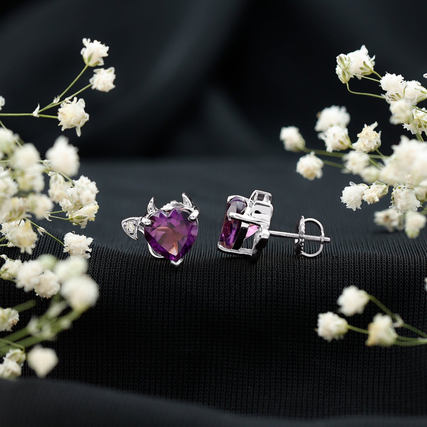 Heart Shape Amethyst and Diamond Gothic Stud Earrings