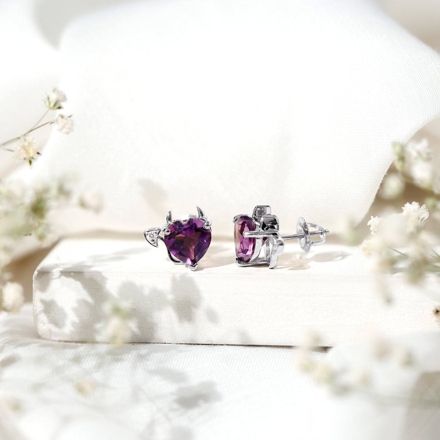 Heart Shape Amethyst and Diamond Gothic Stud Earrings