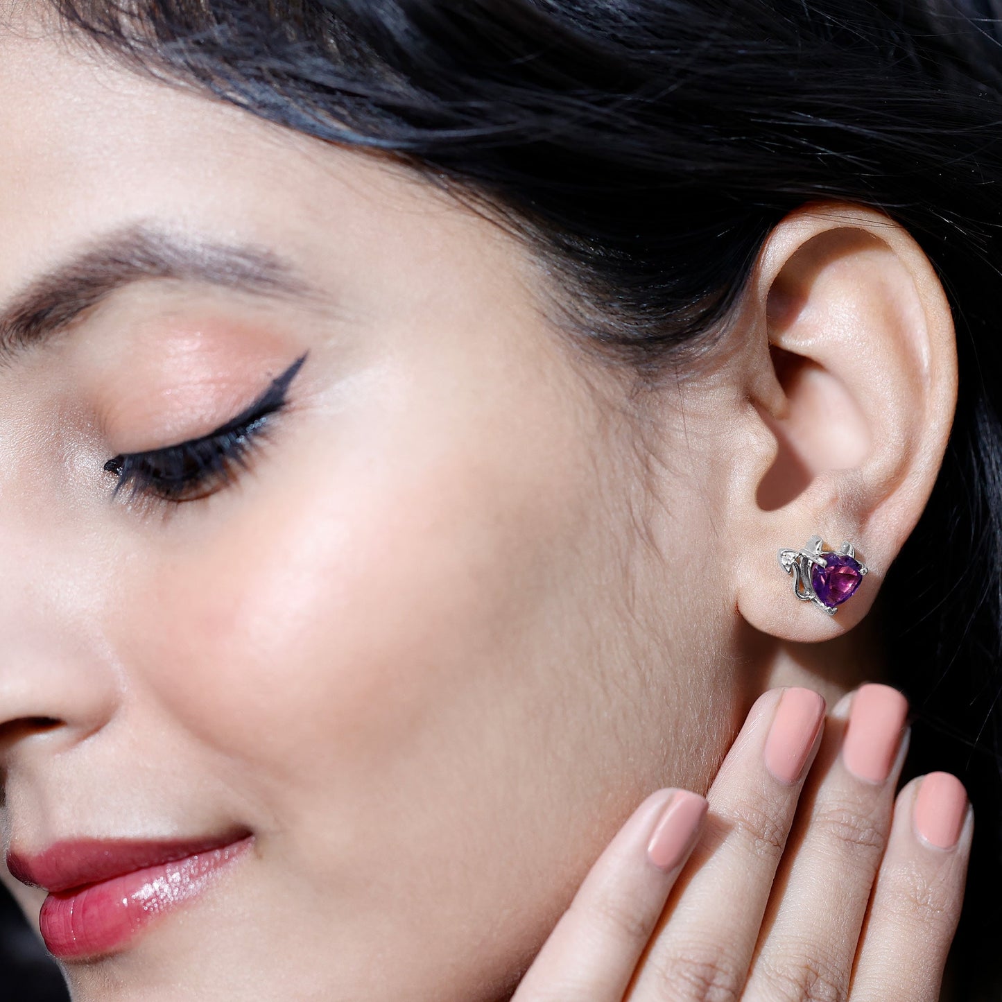 Heart Shape Amethyst and Diamond Gothic Stud Earrings