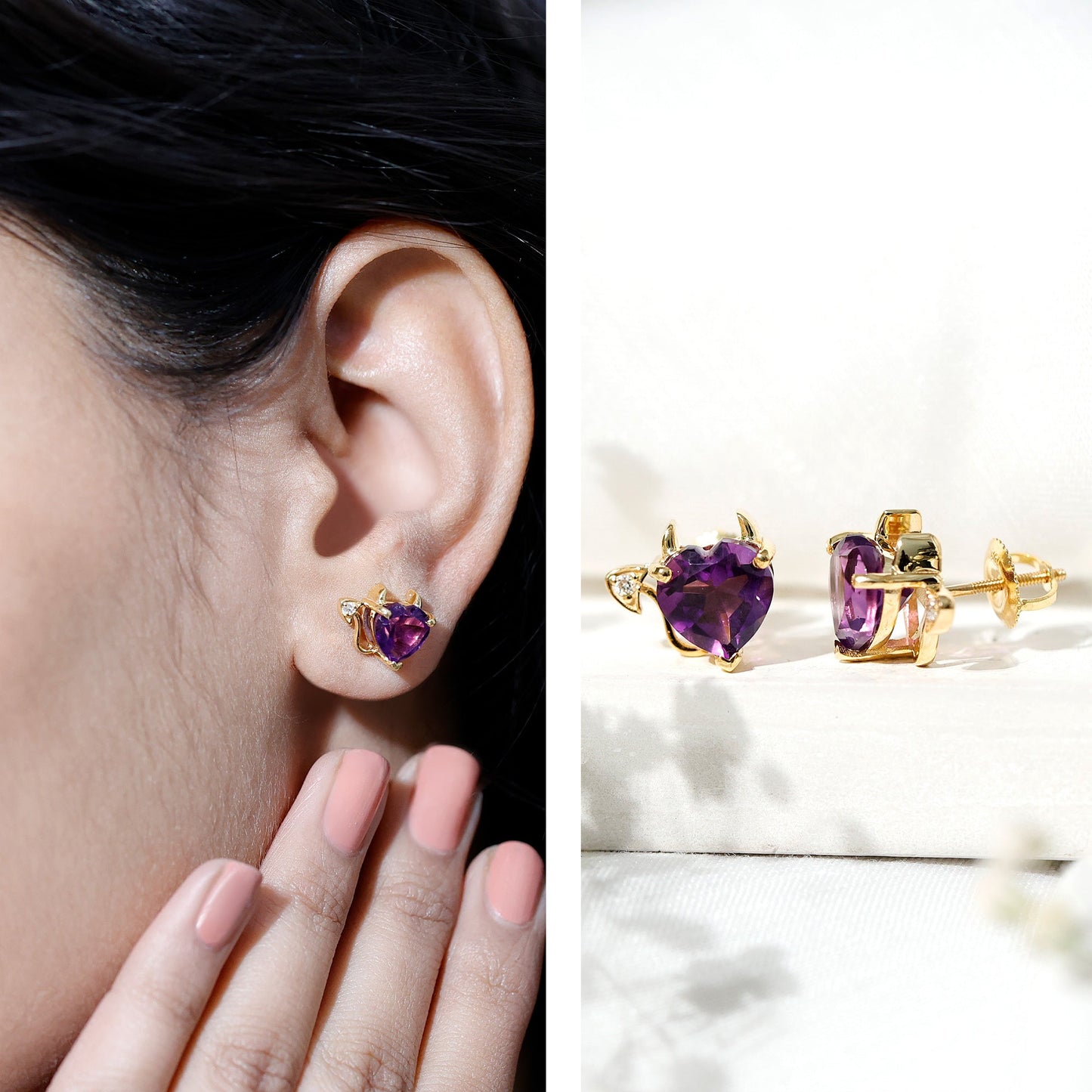 Heart Shape Amethyst and Diamond Gothic Stud Earrings