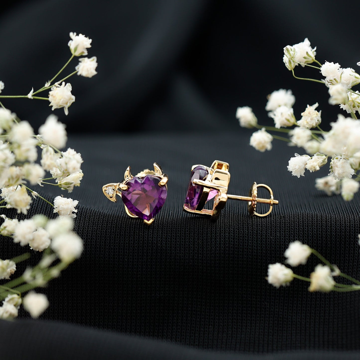 Heart Shape Amethyst and Diamond Gothic Stud Earrings