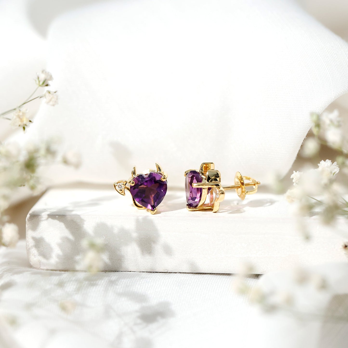 Heart Shape Amethyst and Diamond Gothic Stud Earrings
