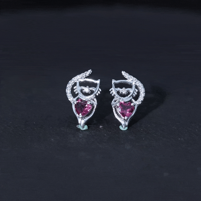 Heart Shape Pink Tourmaline and Diamond Cat Stud Earring