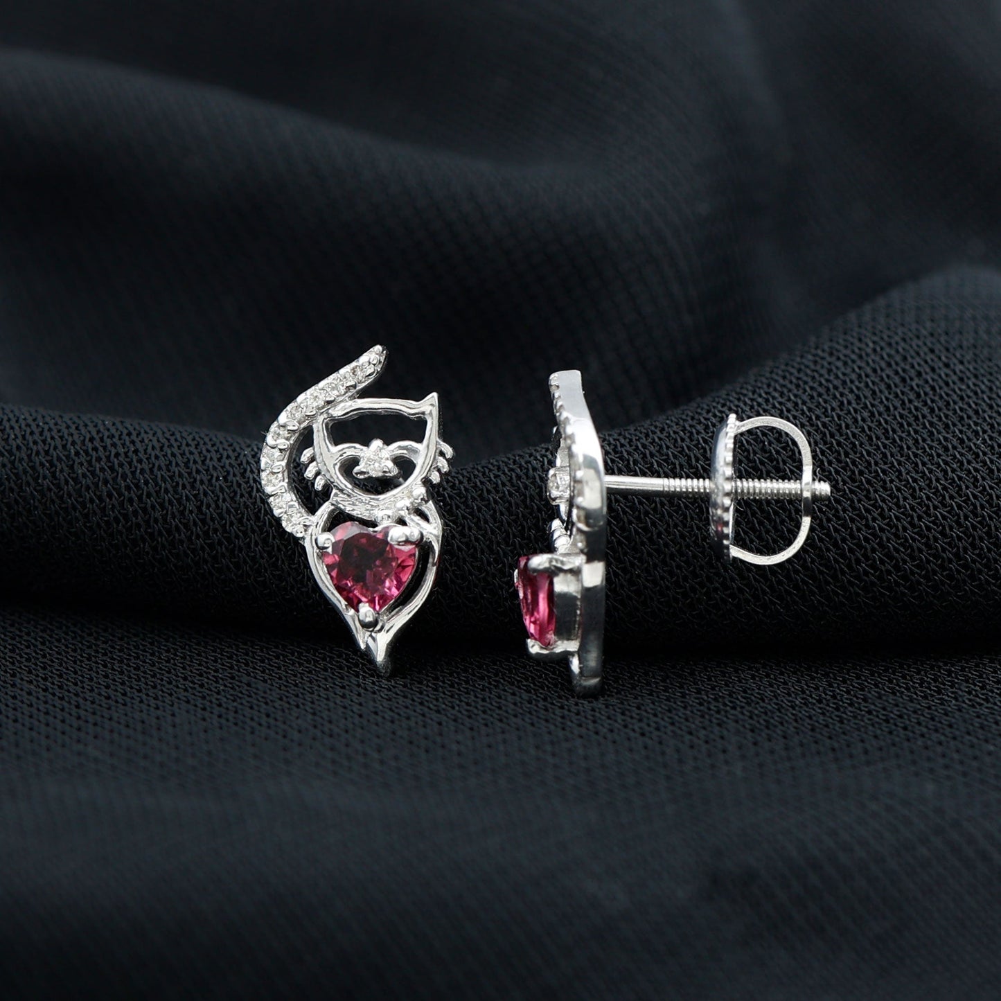 Heart Shape Pink Tourmaline and Diamond Cat Stud Earring