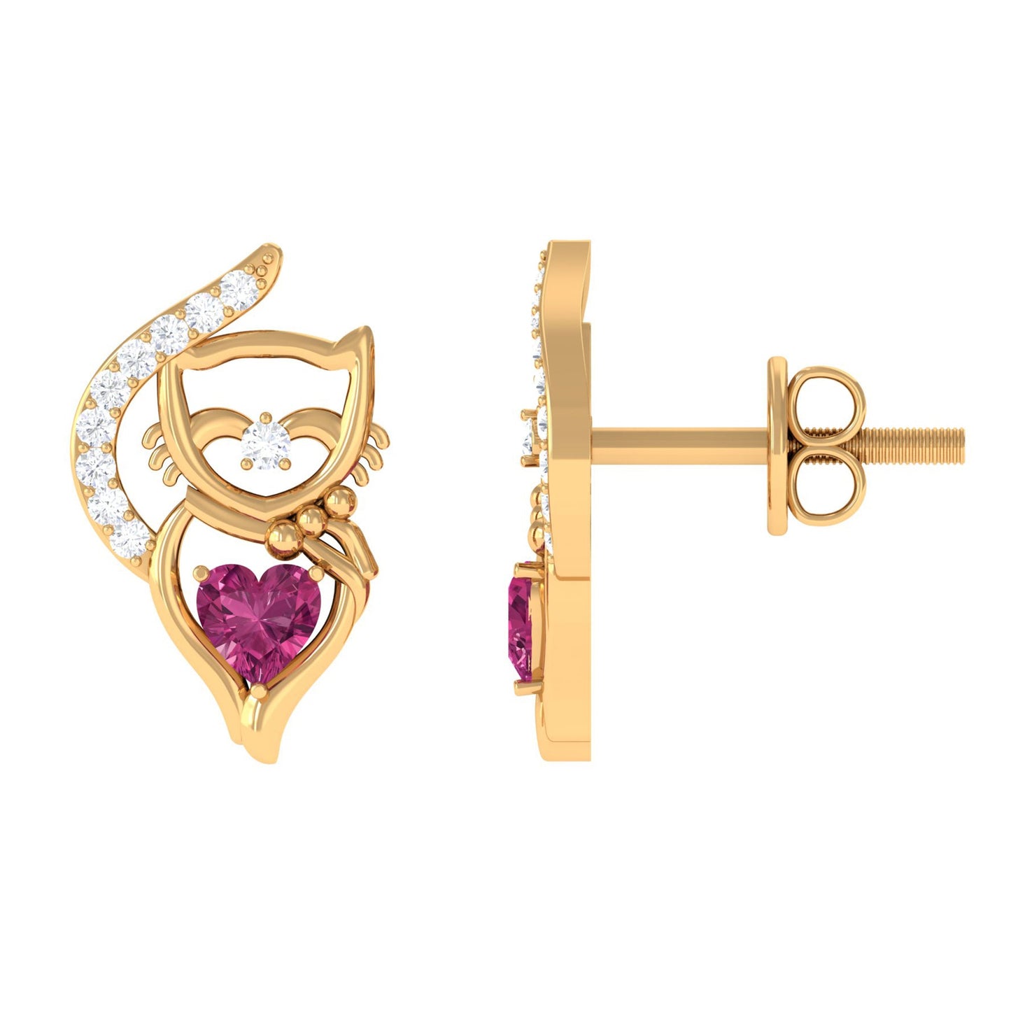 Heart Shape Pink Tourmaline and Diamond Cat Stud Earring