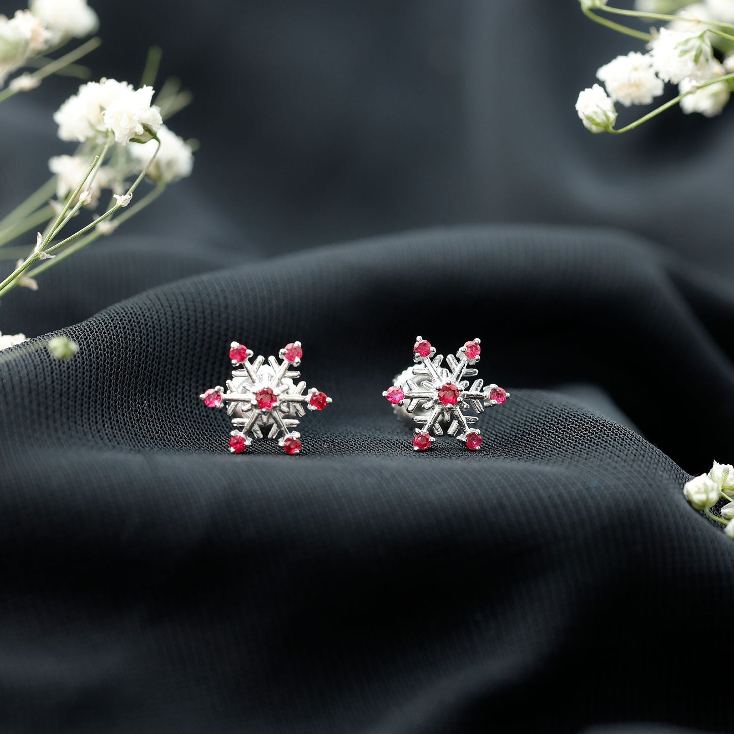 Natural Ruby Flower Stud Earrings for Women