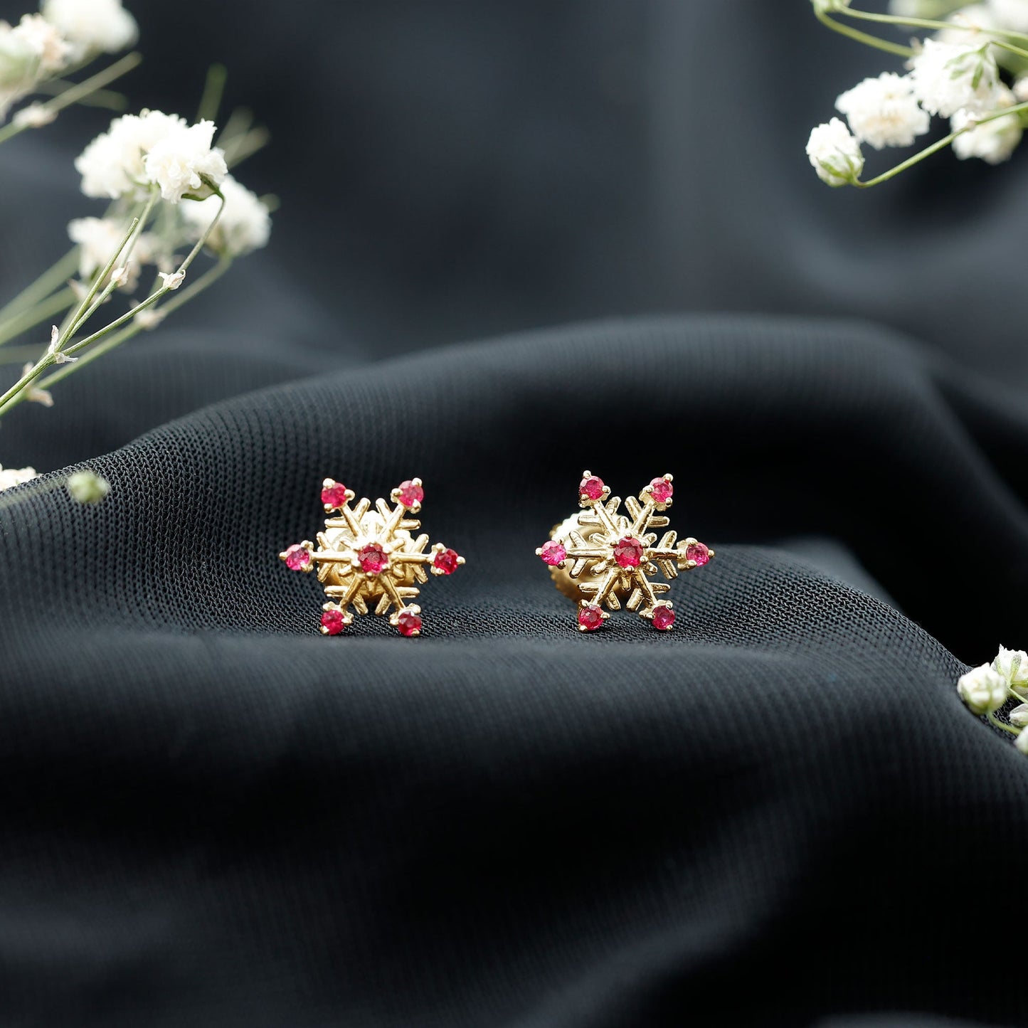 Natural Ruby Flower Stud Earrings for Women