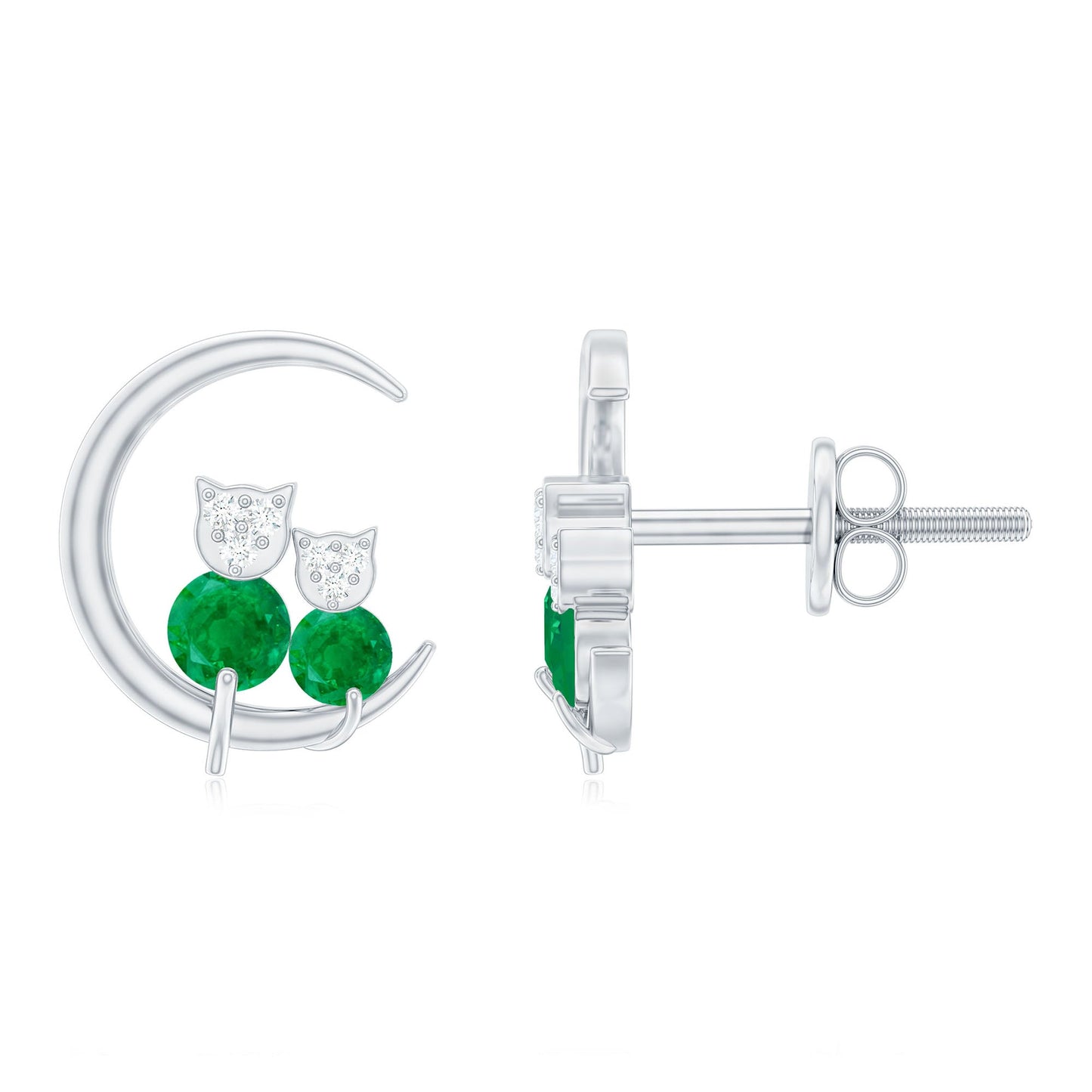 Genuine Emerald and Diamond Cat and Moon Stud Earrings