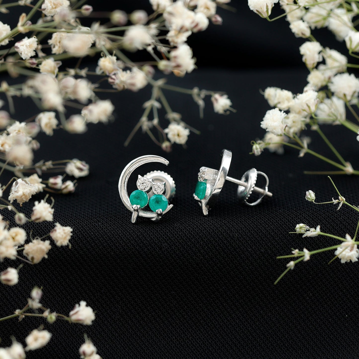 Genuine Emerald and Diamond Cat and Moon Stud Earrings