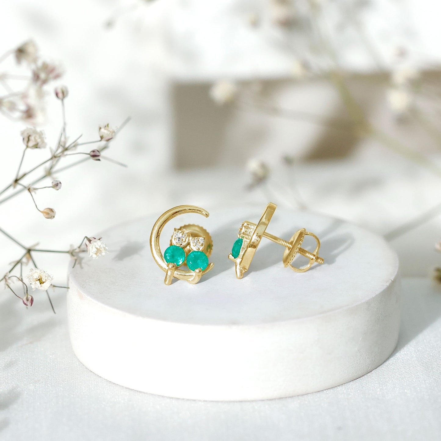 Genuine Emerald and Diamond Cat and Moon Stud Earrings