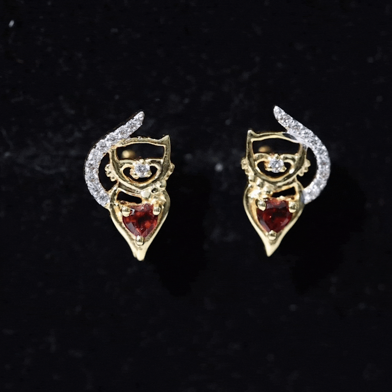 Heart Shape Garnet and Diamond Cat Stud Earrings