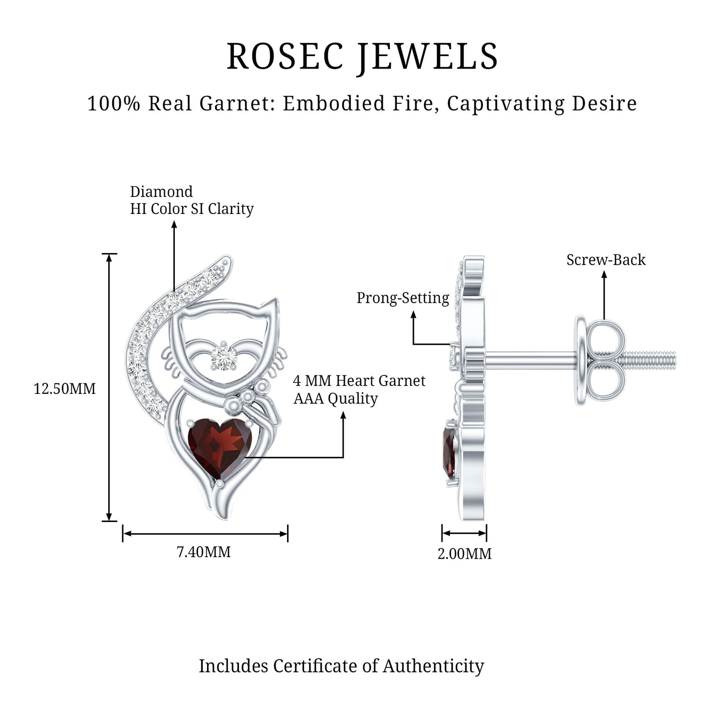 Heart Shape Garnet and Diamond Cat Stud Earrings