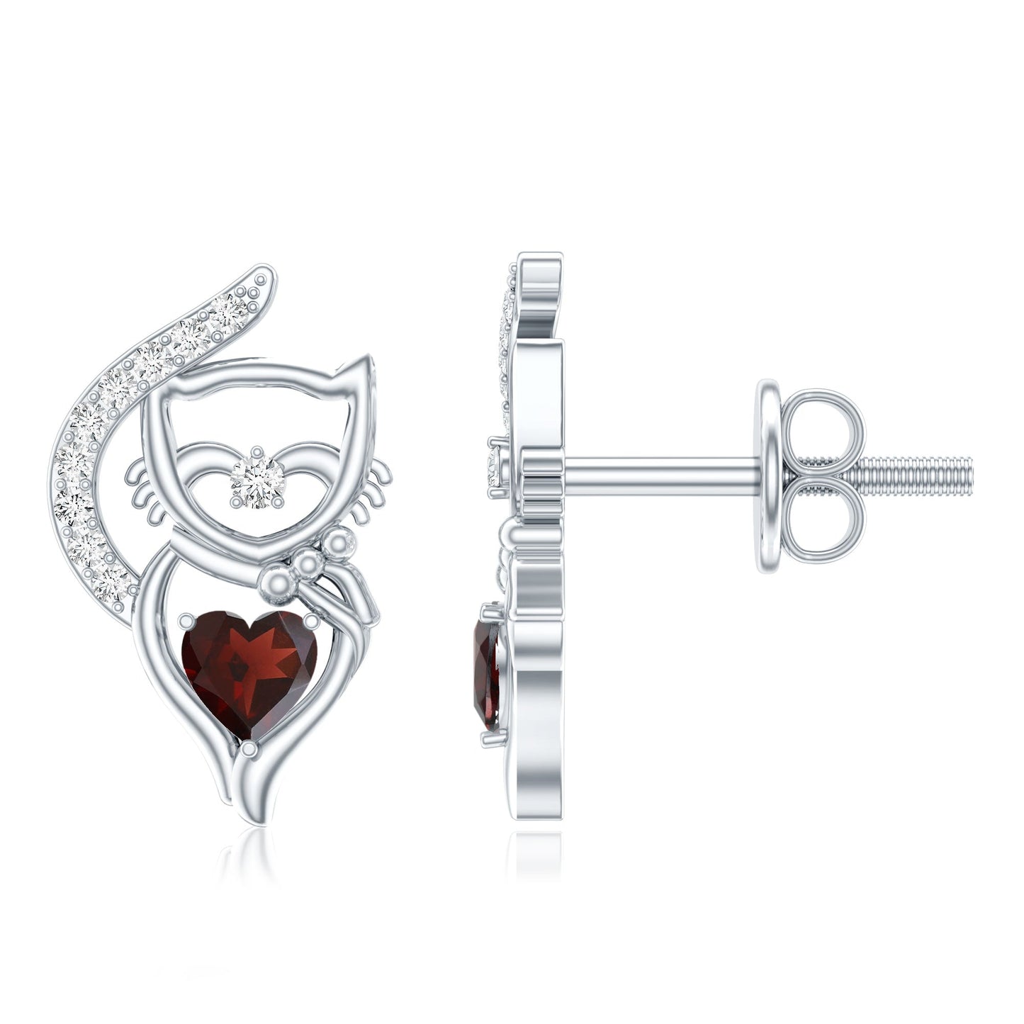 Heart Shape Garnet and Diamond Cat Stud Earrings